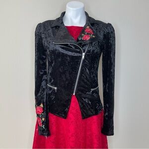 Disney Coco Black Crushed Velour Moto Style Jacket with Red Rose Embroidery